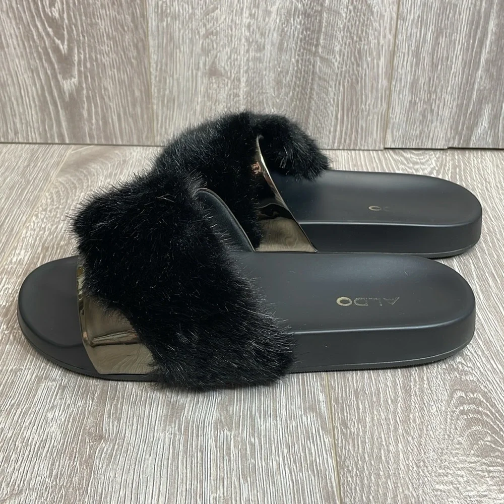 Aldo Gotta Black & Metallic Faux Fur Slide Sandal 7.5
